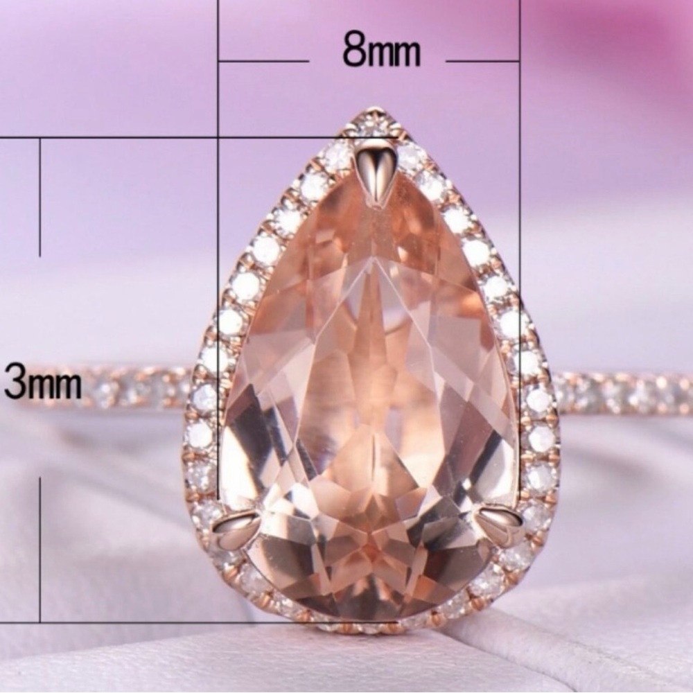 Rose Gold Teardrop Morganite Halo Ring - Elegant Pink Stone - Picture 5 of 6